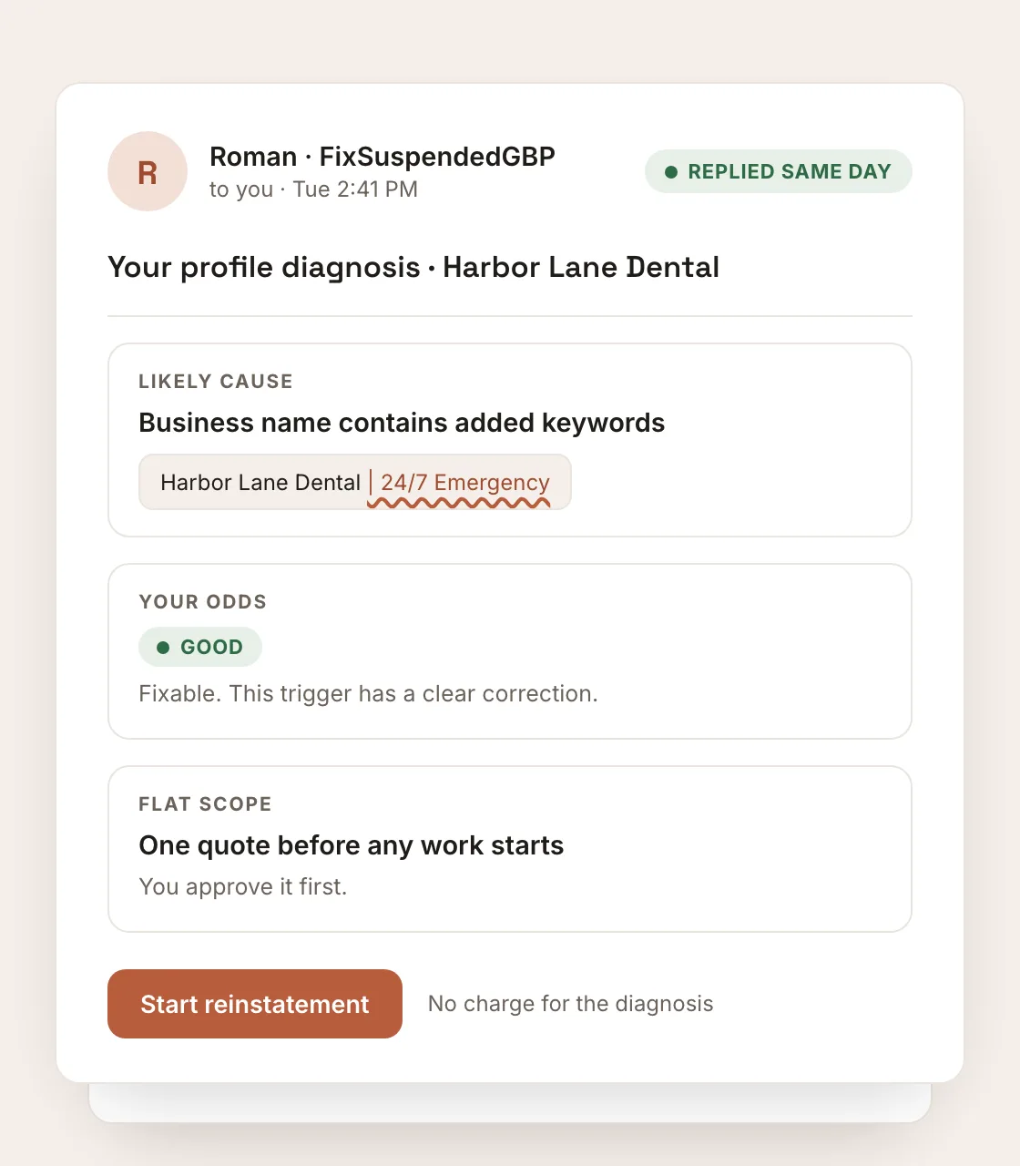 Example diagnosis reply: likely cause is added keywords in the business name, odds are good, one flat quote before any work starts