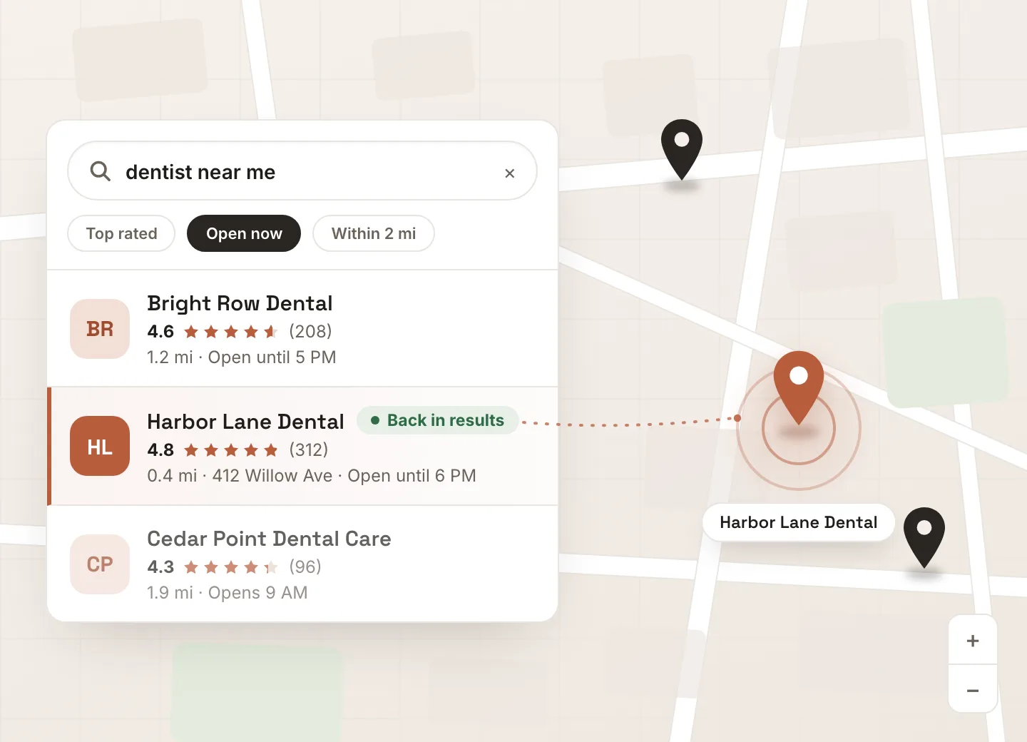 Local search results for dentist near me with Harbor Lane Dental highlighted as back in results, connected to its pin on the map