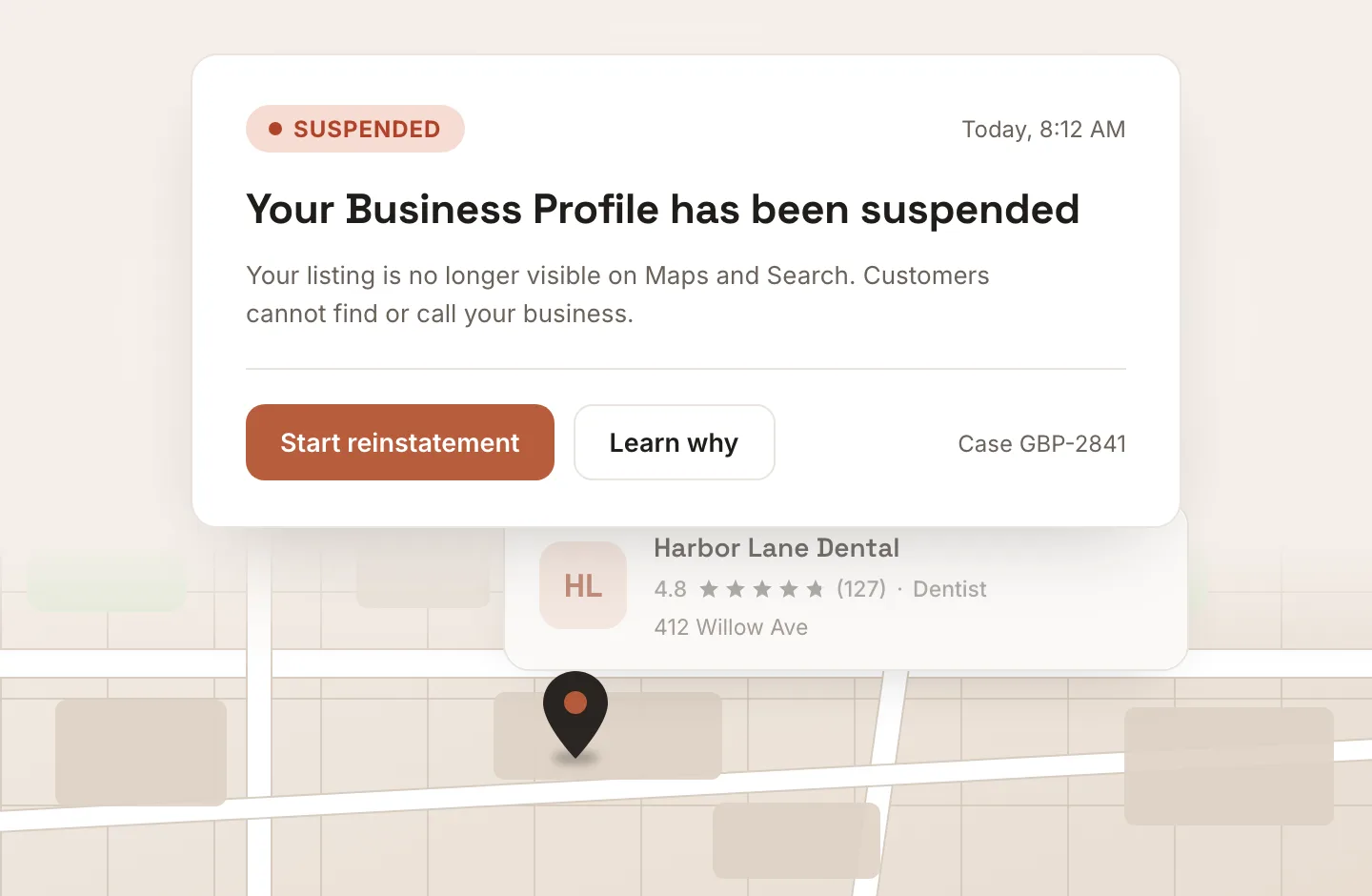 Dashboard alert saying Your Business Profile has been suspended, with a Start reinstatement button and the listing fading out below