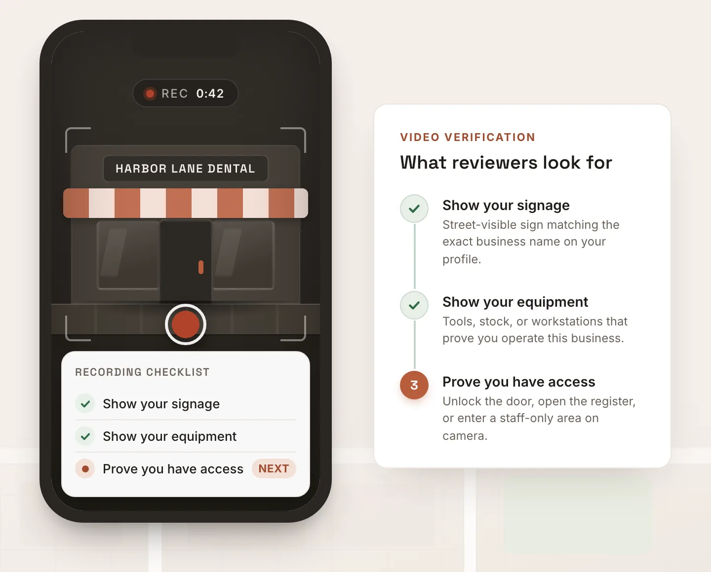 Phone recording a video verification of a storefront, next to a checklist of what reviewers look for: signage, equipment, and proof of access